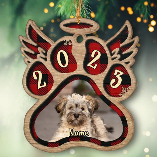 Custom Pawprint Ornament - Personalized Wooden Christmas Decoration with Your Pet's Photo - Angel Wings Tribute for Pets