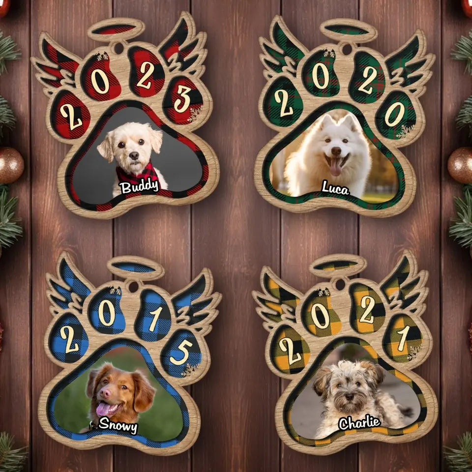 Custom Pawprint Ornament - Personalized Wooden Christmas Decoration with Your Pet's Photo - Angel Wings Tribute for Pets