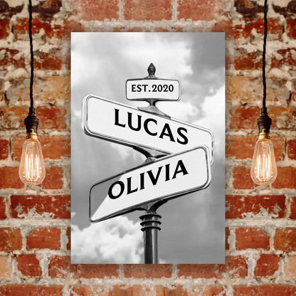 Where Our Crossroads Met - Personalized Name Vintage Road Sign Canvas - Gift For Couples, Husband Wife, Anniversary Tribute