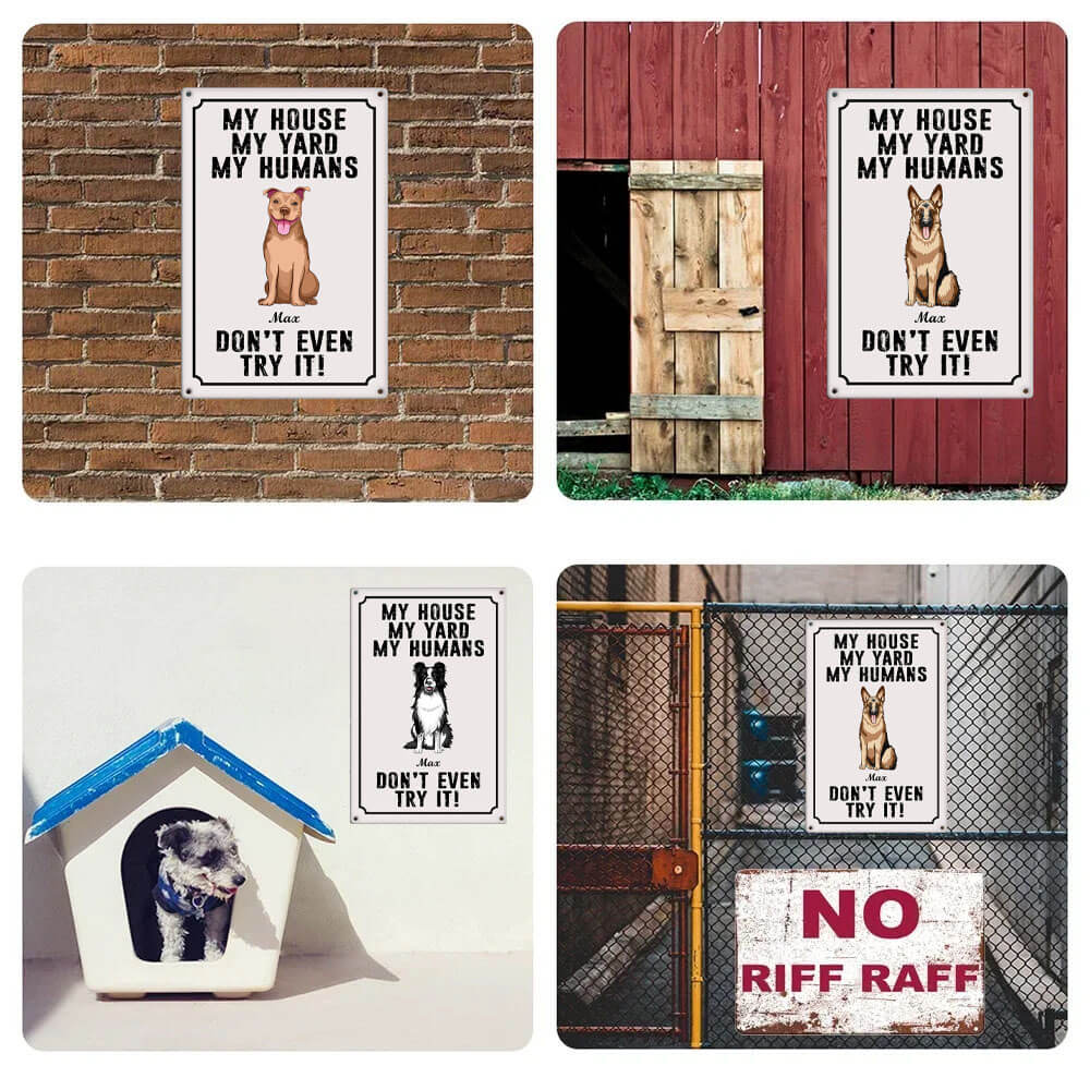 My House My Yard My Humans Don't Even Try It! - Personalized Cartoon Dog Outdoor Metal Warning Sign